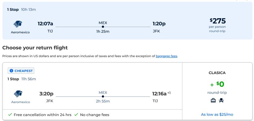 Click here to book this cheap flight deal. Cheap flights from Tijuana, Mexico to New York, USA for only $275 USD roundtrip with Aeromexico. Flight deal ticket image.