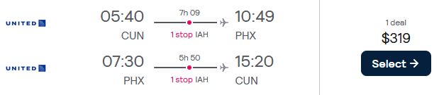 Vols pas chers de Cancun, Mexique à Phoenix, Arizona pour seulement 319 $ US aller-retour avec United Airlines.  Image du billet de l'offre de vol.