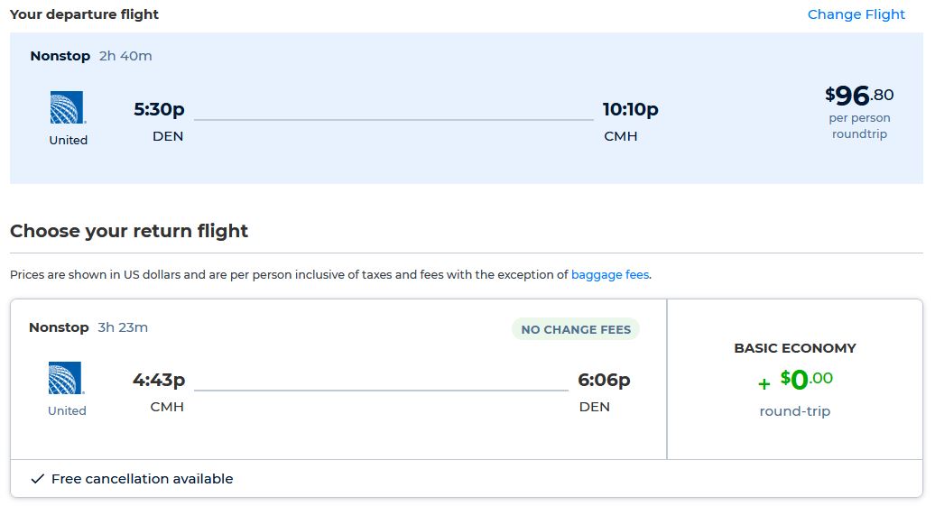 Cheap flights from Denver, Colorado to Columbus for only $96 roundtrip with United Airlines. Also works in reverse. Flight deal ticket image.