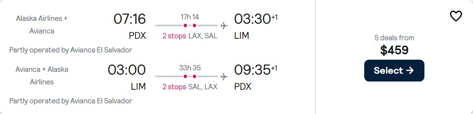 Cheap flights from Portland, Oregon to Lima, Peru for only $459 roundtrip with Alaska Airlines. Flight deal ticket image.
