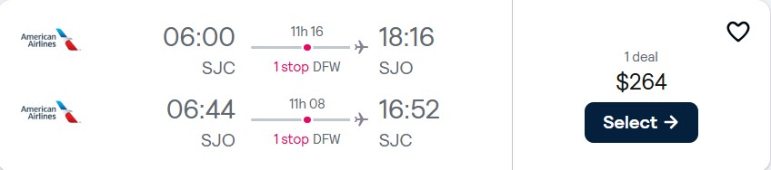 Click here to book this cheap flight deal. Cheap flights from San Jose, California to San Jose, Costa Rica for only $264 roundtrip with American Airlines. Flight deal ticket image.