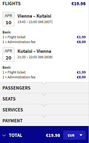 Click here to book this cheap flight deal. Non-stop from Vienna, Austria to Kutaisi, Georgia for only €19 roundtrip. Flight deal ticket image.