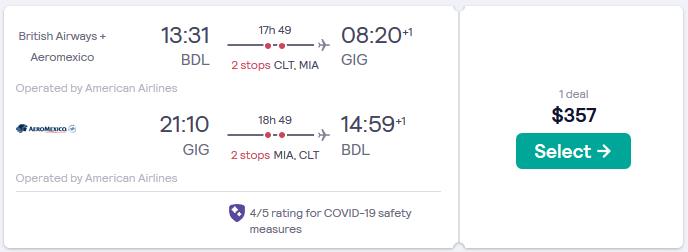 Click here to book this cheap flight deal. Cheap flights from Eastern USA to Rio de Janeiro, Brazil from only $357 roundtrip with American Airlines. Flight deal ticket image.