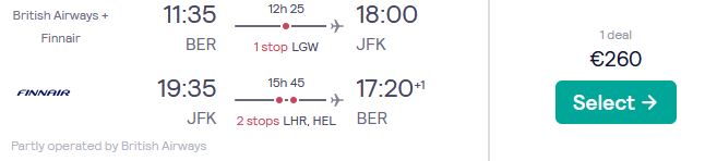 Cheap flights from German cities to US cities from only €253 roundtrip with British Airways. Flight deal ticket image.