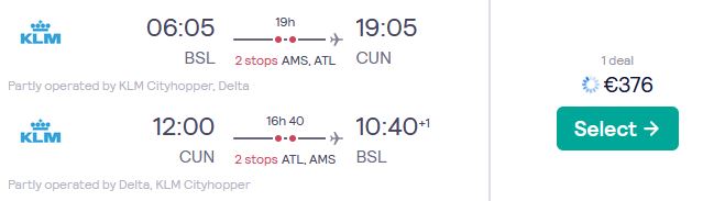 Cheap flights from Basel, Switzerland to Cancun, Mexico for only €376 roundtrip with KLM and Delta Air Lines. Flight deal ticket image.