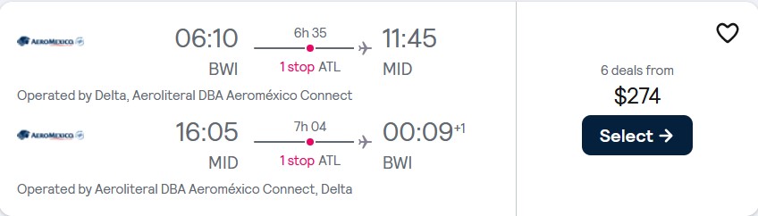 Click here to book this cheap flight deal. Cheap flights from Baltimore to Merida, Mexico for only $274 roundtrip with Delta Air Lines and Aeromexico. Flight deal ticket image.