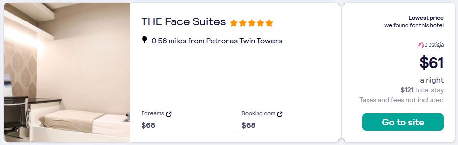 Stay at the 5* THE Face Suites in Kuala Lumpur, Malaysia for only $61 USD per night. Flight deal ticket image.