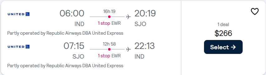 Cheap flights from Indianapolis to San Jose, Costa Rica for only $266 roundtrip with United Airlines. Flight deal ticket image.