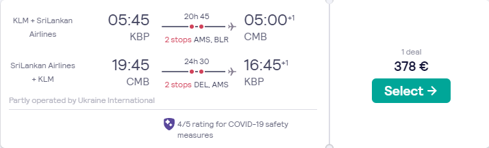 Cheap flights from Kiev, Ukraine to Colombo, Sri Lanka for only €400 roundtrip with LOT Polish Airlines. Flight deal ticket image.