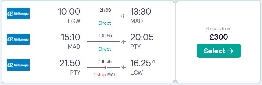 Click here to book this cheap flight deal. 2 in 1 trip...Cheap flights from London, UK to Madrid, Spain and Panama City, Panama for only £300 roundtrip with Air Europa. Flight deal ticket image.