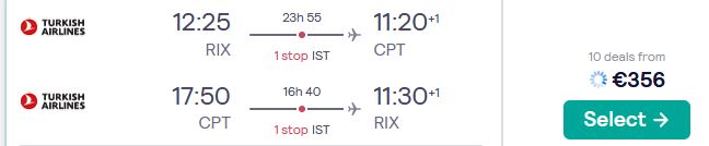 Click here to book this cheap flight deal. Cheap flights from Riga, Latvia to Cape Town or Johannesburg, South Africa from only €356 roundtrip with Turkish Airlines. Flight deal ticket image.