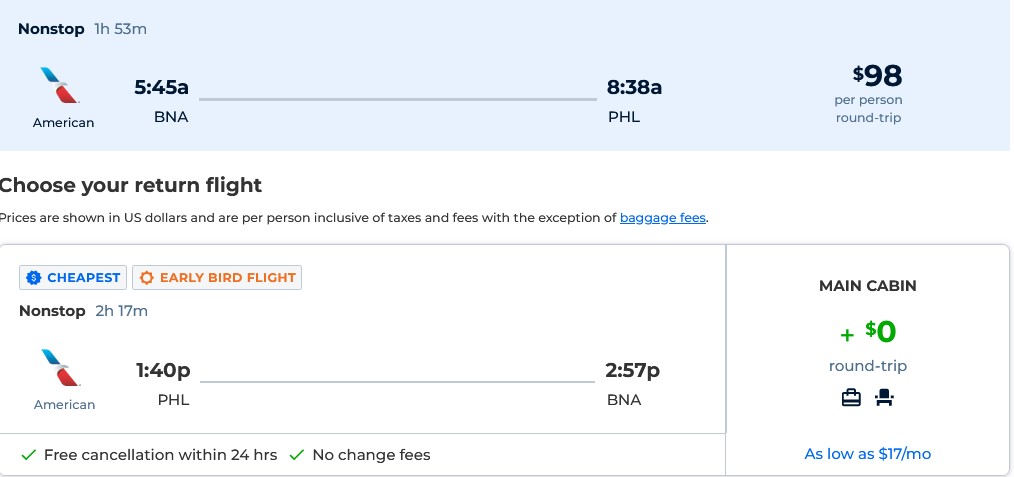 Non-stop flights from Nashville to Philadelphia for only $98 roundtrip with American Airlines. Also works in reverse. Flight deal ticket image.