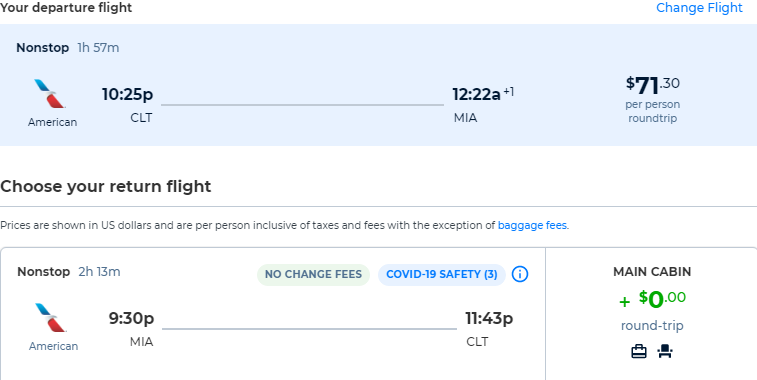 Non-stop from Charlotte, North Carolina to Miami (& vice versa) for