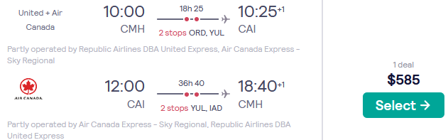 Summer flights from Columbus to Cairo, Egypt for only $585 roundtrip with Air Canada and United Airlines. Flight deal ticket image.
