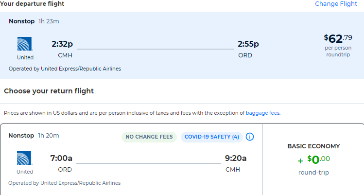 Non-stop flights from Columbus to Chicago for only $62 roundtrip with United Airlines. Also works in reverse. Flight deal ticket image.