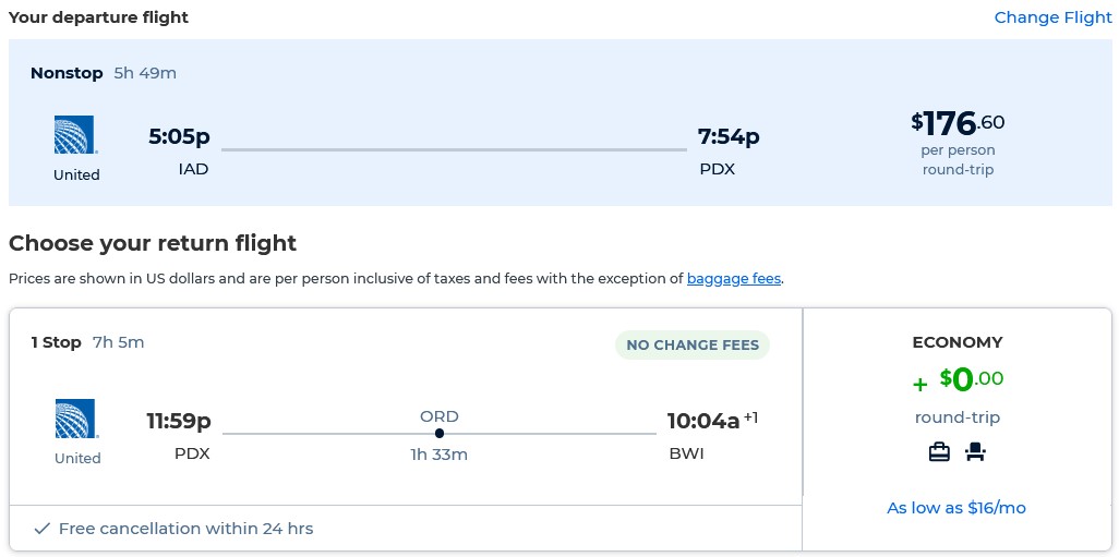 Cheap flights from Washington DC to Portland, Oregon for only $176 roundtrip with United Airlines. Also works in reverse. Flight deal ticket image.