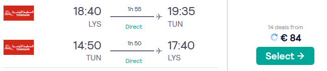 Non-stop flights from Lyon, France to Tunis, Tunisia for only €84 roundtrip. Flight deal ticket image.