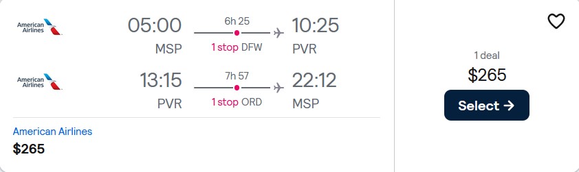 Click here to book this cheap flight deal. Cheap flights from Minneapolis to Puerto Vallarta, Mexico for only $265 roundtrip with American Airlines. Flight deal ticket image.