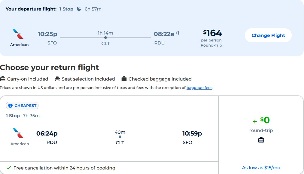 Cheap flights from San Francisco to Raleigh, North Carolina for only $164 roundtrip with American Airlines. Also works in reverse. Flight deal ticket image.