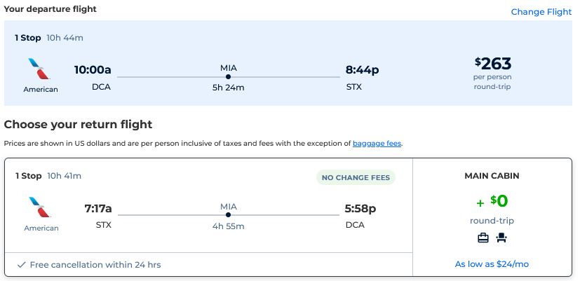 Cheap flights from Washington DC to the US Virgin Islands for only $263 roundtrip with American Airlines. Flight deal ticket image.