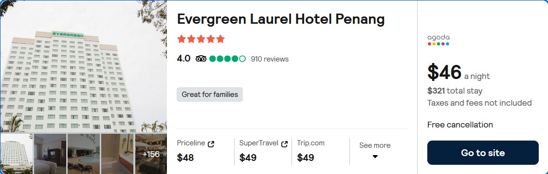 Stay at the 5* Evergreen Laurel Hotel Penang in Penang, Malaysia for only $46 USD per night. Flight deal ticket image.