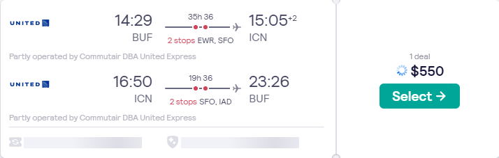 Click here to book this cheap flight deal. Summer flights from US cities to Seoul, South Korea from only $550 roundtrip with United Airlines. Flight deal ticket image.