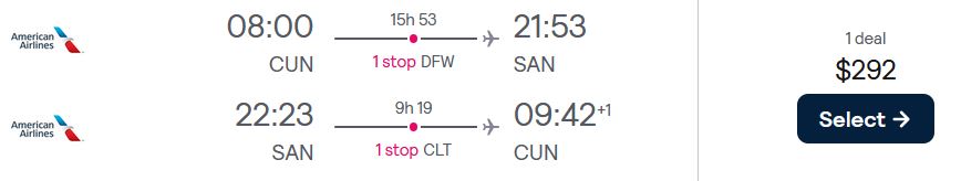Summer flights from Cancun, Mexico to San Diego, USA for only $292 USD roundtrip with American Airlines. Flight deal ticket image.