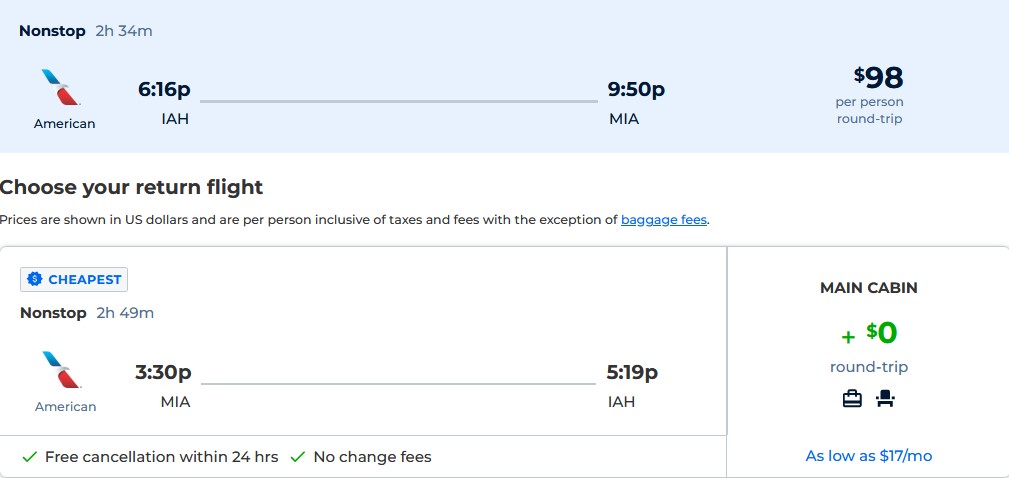 Non-stop flights from Miami to Houston, Texas for only $98 roundtrip with American Airlines.Also works in reverse. Flight deal ticket image.