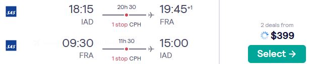 Click here to book this cheap flight deal. Cheap flights from Washington DC to Frankfurt, Germany for only $378 roundtrip with SAS. Flight deal ticket image.