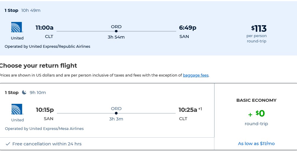 Cheap flights from Charlotte, North Carolina to San Diego for only $113 roundtrip with United Airlines. Also works in reverse. Flight deal ticket image.