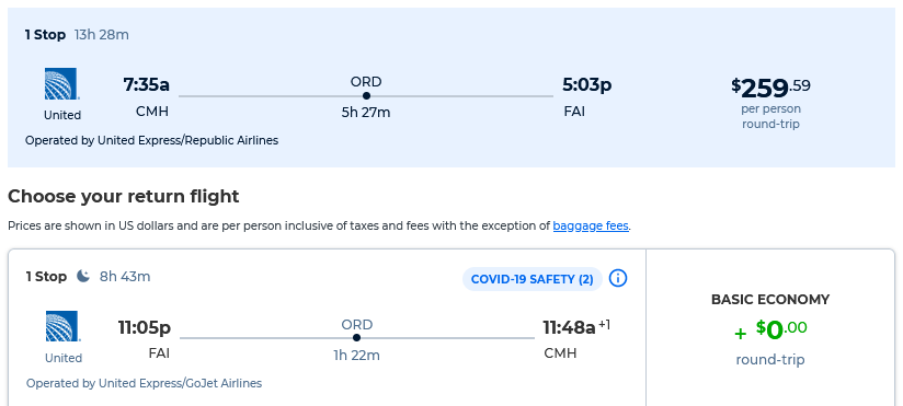 Summer flights from Columbus to Fairbanks, Alaska for only $259 roundtrip with United Airlines. Also works in reverse. Flight deal ticket image.