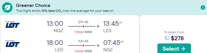 Cheap flights from Nur-Sultan, Kazakhstan to St. Petersburg, Russia for only $278 USD roundtrip with LOT Polish Airlines. Flight deal ticket image.