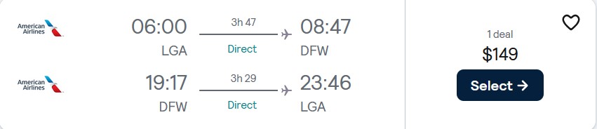 Non-stop flights from New York to Dallas, Texas for only $149 roundtrip with American Airlines. Also works in reverse. Flight deal ticket image.