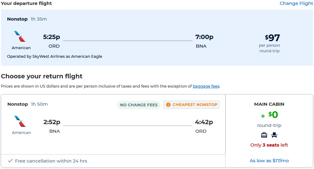 Nonstop from Chicago to Nashville (& vice versa) for only 97