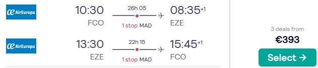 Cheap flights from Rome, Italy to Buenos Aires, Argentina for only €393 roundtrip with Air Europa. Flight deal ticket image.