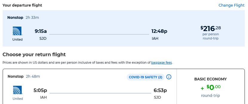Non-stop, summer flights from San Jose del Cabo, Mexico to Houston, Texas for only $216 USD roundtrip with United Airlines. Flight deal ticket image.