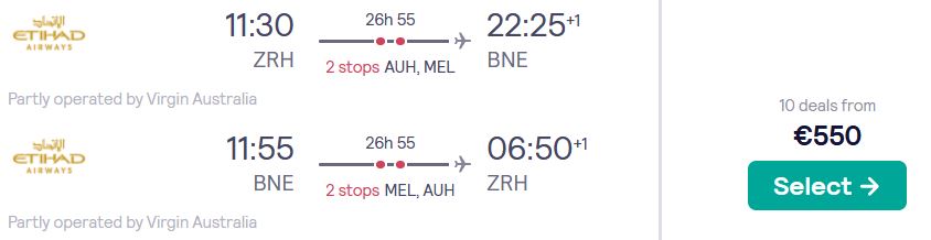 Summer flights from Zurich, Switzerland to Brisbane, Australia for only €550 roundtrip with Etihad Airways and Virgin Australia. Flight deal ticket image.