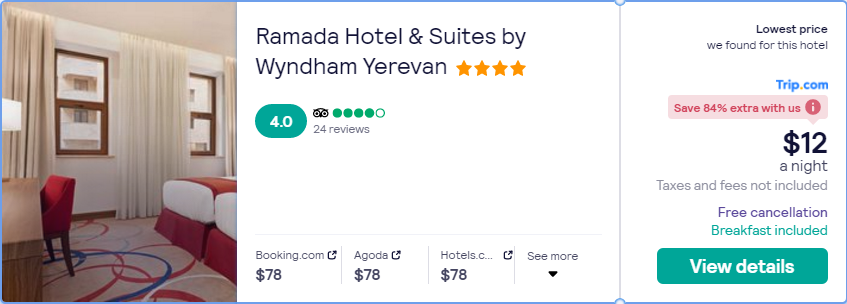 Stay at the 4* Ramada Hotel & Suites by Wyndham Yerevan in Yerevan, Armenia for only $12 USD per night. Flight deal ticket image.