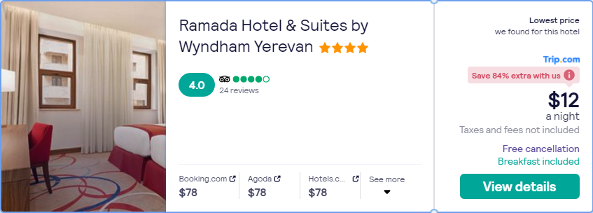 Click here to book this cheap flight deal. Stay at the 4* Ramada Hotel & Suites by Wyndham Yerevan in Yerevan, Armenia for only $12 USD per night. Flight deal ticket image.