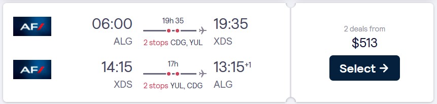 Cheap flights from Algiers, Algeria to Ottawa, Canada for only $513 USD roundtrip with Air France. Flight deal ticket image.