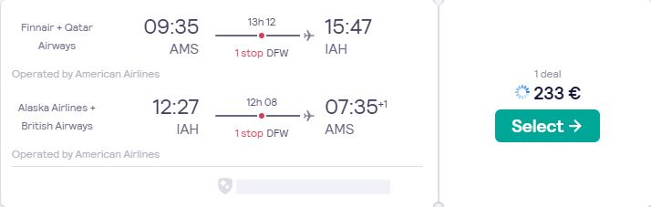 Cheap flights from Amsterdam, Netherlands to Houston, Texas for only €233oundtrip with American Airlines. Flight deal ticket image.