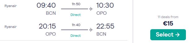 Non-stop flights from Barcelona, Spain to Porto, Portugal for only €15 roundtrip. Flight deal ticket image.