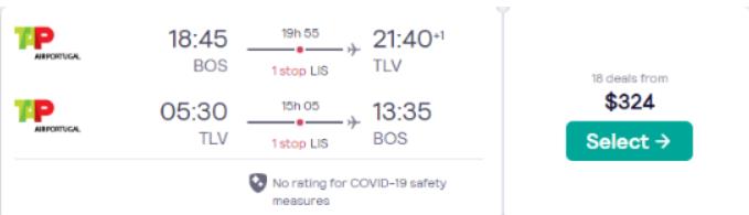 Click here to book this cheap flight deal. Cheap flights from Boston or Washington DC to Tel Aviv, Israel from only $324 roundtrip with TAP Air Portugal. Flight deal ticket image.