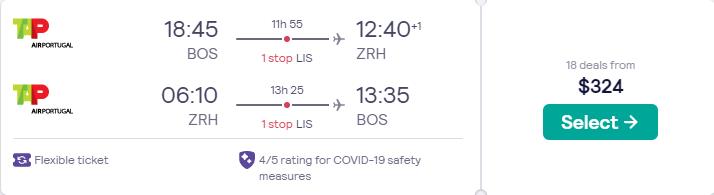 Cheap flights from Boston to Zurich or Geneva, Switzerland from only $324 roundtrip with TAP Air Portugal. Flight deal ticket image.