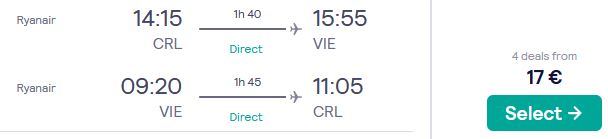 Non-stop, summer flights from Brussels, Belgium to Vienna, Austria for only €17 roundtrip. Flight deal ticket image.