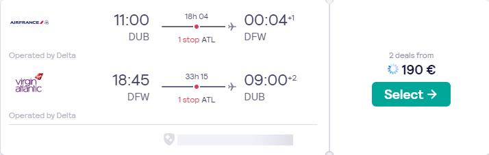 Cheap flights from Dublin, Ireland to Dallas, Texas for only €190 roundtrip with Delta Air Lines. Flight deal ticket image.