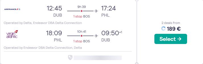 Cheap flights from Dublin, Ireland to Philadelphia, USA for only €189 roundtrip with Delta Air Lines. Flight deal ticket image.