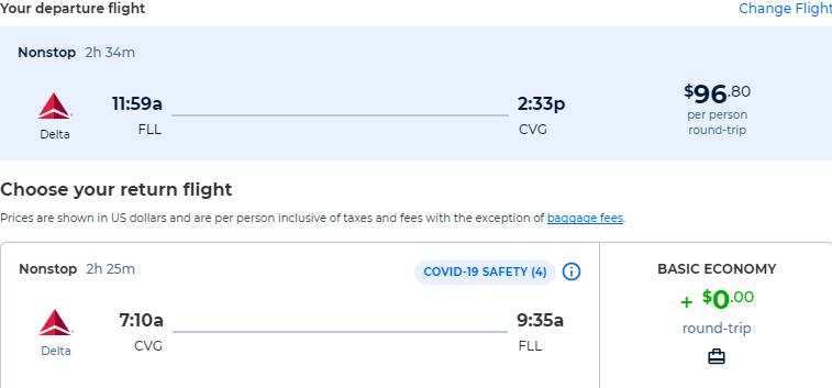 Non-stop, summer flights from Fort Lauderdale to Cincinnati, Ohio for only $96 roundtrip with Delta Air Lines. Also works in reverse. Flight deal ticket image.