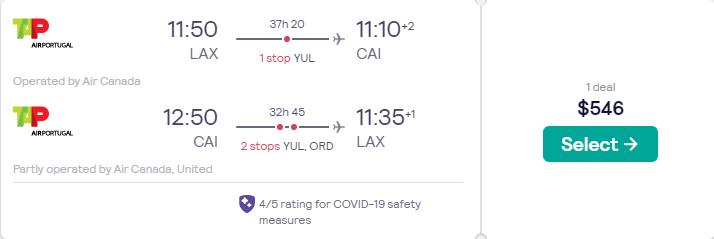 Cheap flights from Los Angeles to Cairo, Egypt for only $546 roundtrip with Air Canada, TAP Air Portugal and United Airlines. Flight deal ticket image.