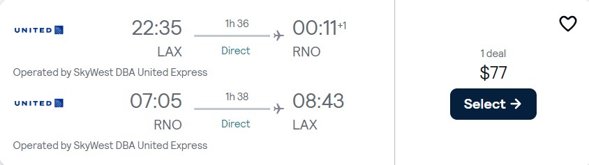Non-stop flights from Los Angeles to Reno, Nevada for only $77 roundtrip with United Airlines. Also works in reverse. Flight deal ticket image.
